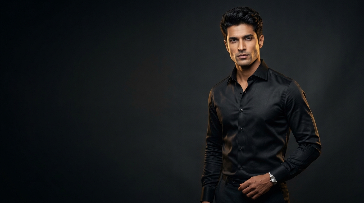 LookTrustyStyle menswear model in luxury black tailored shirt